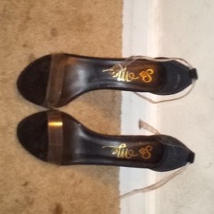 So Me heels, clear clasp black velvet front toe, and black velvet back